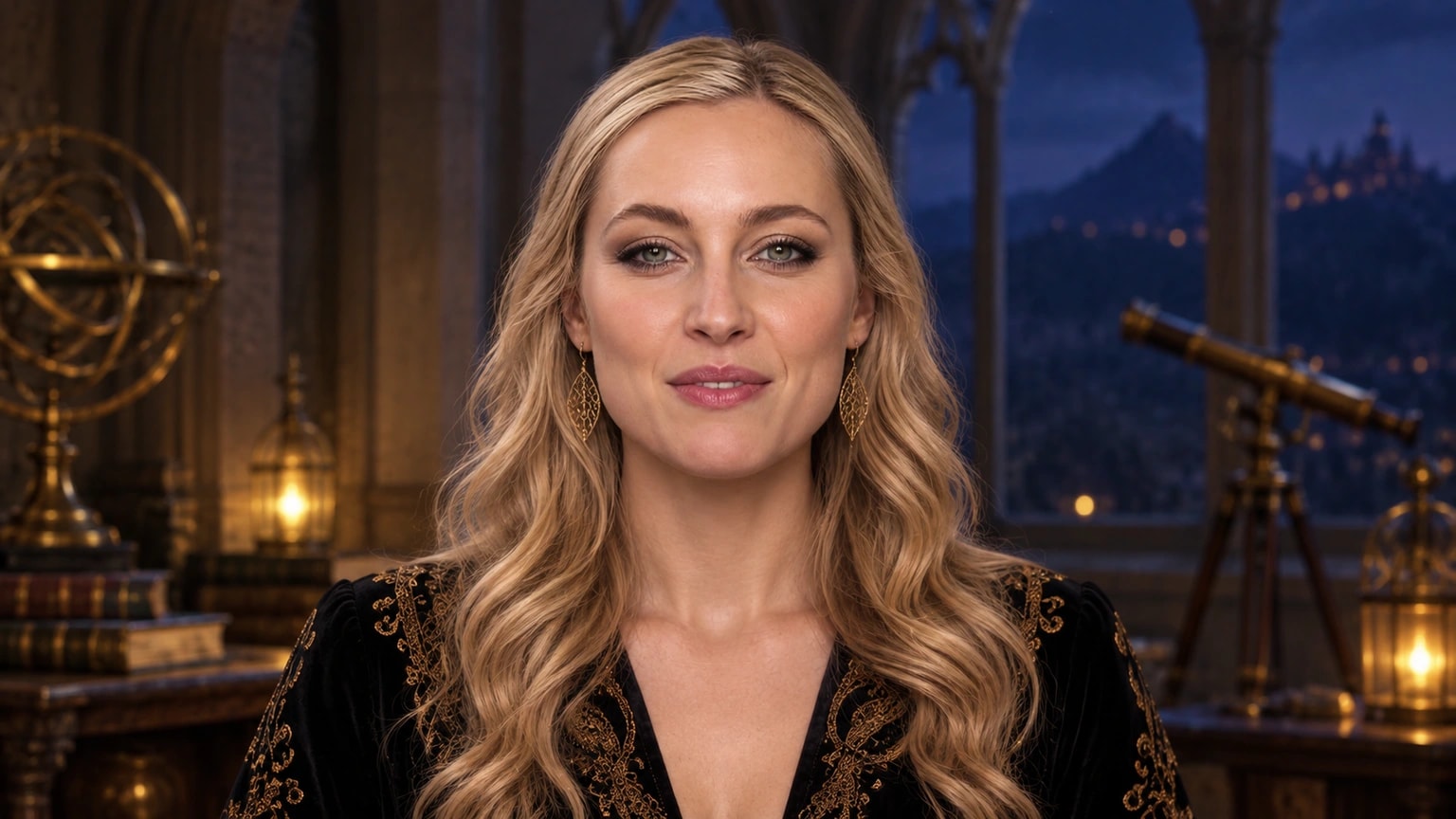 Lady Avalon with loose blonde hair and black-and-gold attire in her Camelot observatory